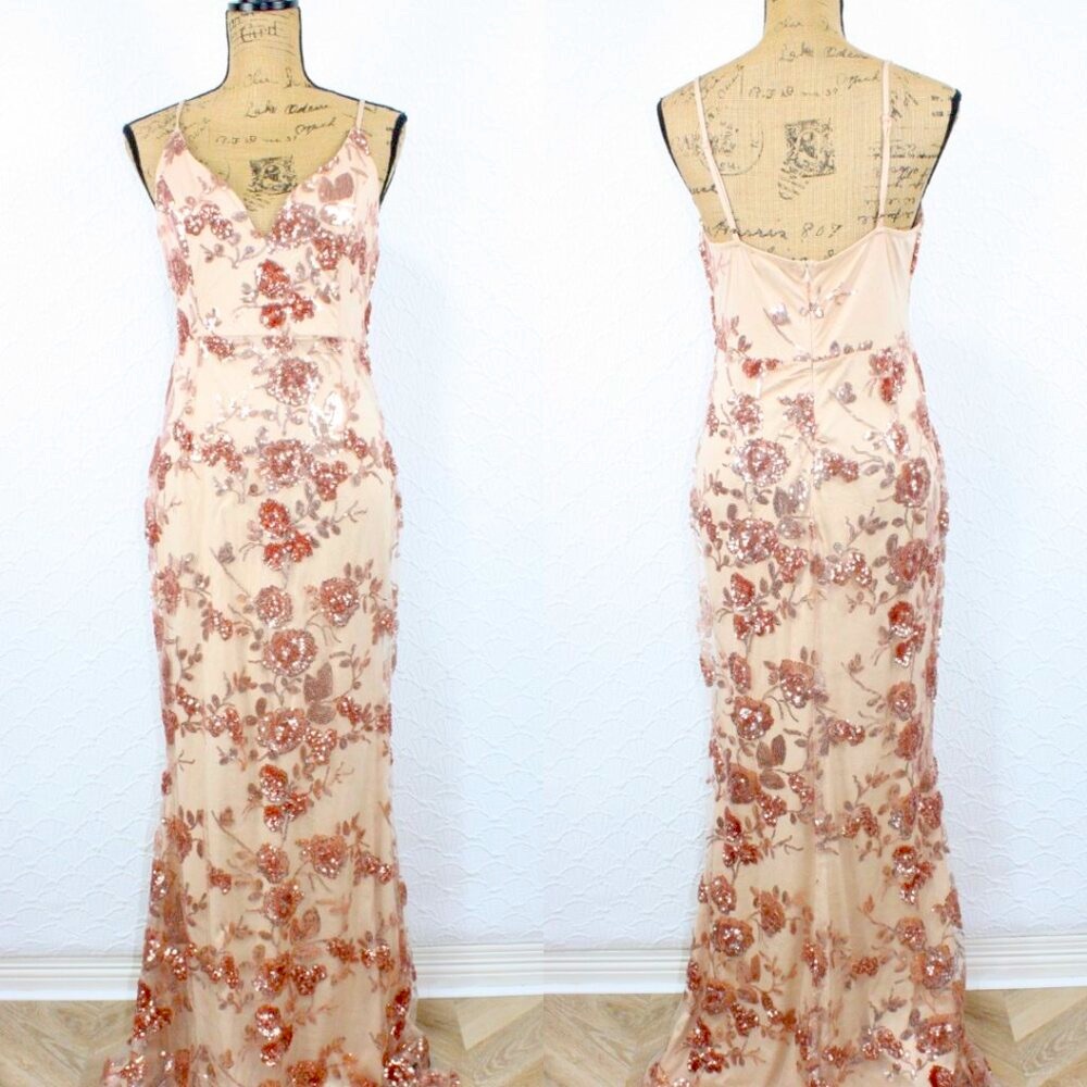 NWOT Lulus Shine Language Rose Gold Sequin Mermaid Maxi Dress